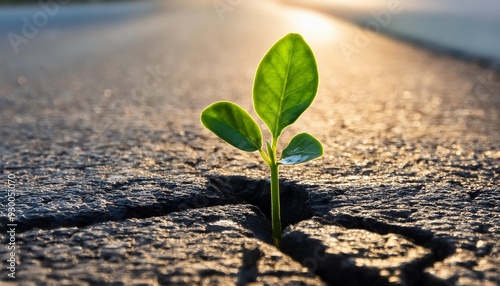 green sprout emerging from asphalt a resilient green sprout pushing through the cracks in the asphalt symbolizing hope and nature s perseverance photo