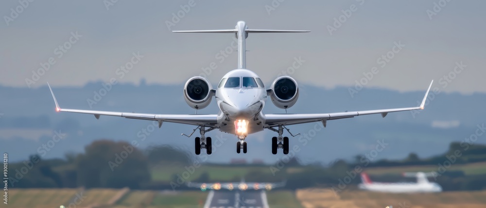 Naklejka premium A large jetliner taking off from an airport runway with its landing gear up