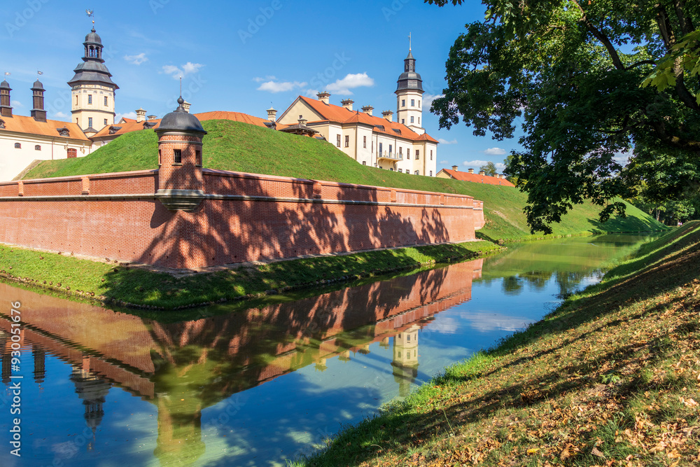 Naklejka premium Nesvizh, Belarus - 08.08.2024 - Shot of the well know architectural landmark , Radzwill castle. Landmark