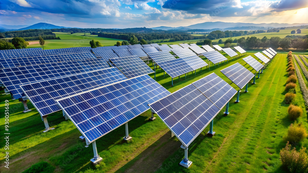 A field of solar panels gleams in the sunlight, symbolizing sustainable energy production.
Expansive solar farm captures the sun's energy, surrounded by a serene natural environment.