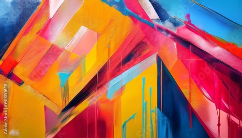 dynamic graffiti style abstract canvas artwork bold angles in pink yellow blue and cyan tones with red highlights photo