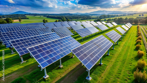 Obraz na płótnie A field of solar panels gleams in the sunlight, symbolizing sustainable energy production.
Expansive solar farm captures the sun's energy, surrounded by a serene natural environment. w salonie