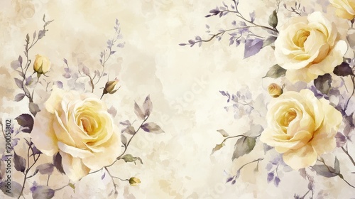 A soft watercolor illustration of yellow roses and delicate foliage on a light background.