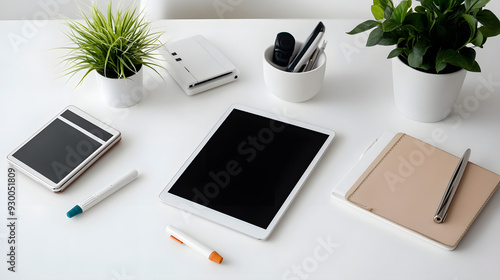 a white table with electronic devices, and a plant,