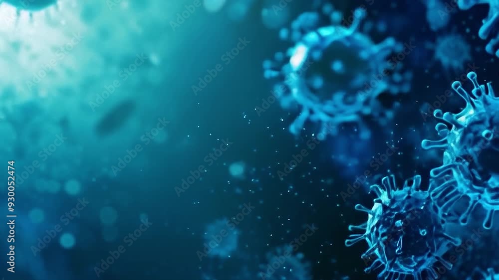 Microscopic view of blue virus particles floating in a blurred teal background Microscopic view of blue virus particles floating in a blurred teal background