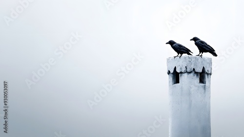 A tall, imposing tower with ravens perched on the parapets photo