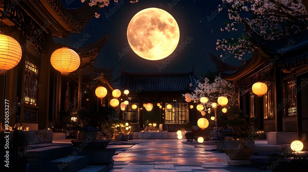 Obraz premium Magical Full Moon Over Traditional Chinese Courtyard During Mid Autumn Festival with Hanging Lanterns and Family Gathering