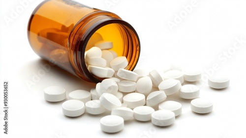 Scattered Antibiotic Pills and Bottle on White Background