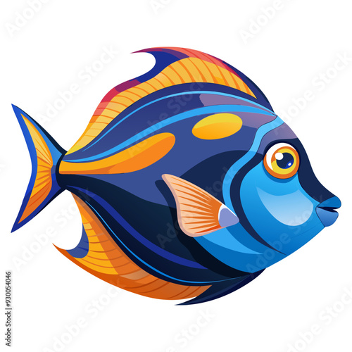 Cute cartoon-style vector art of a blue tang surgeonfish underwater, in flat style with a pretty fish icon.