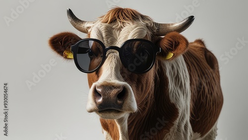 cow wearing black sunglasses with a white background