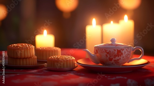 Beautifully arranged traditional mooncakes on a red tablecloth accompanied by a traditional tea set and soft candlelight creating a cozy and celebratory atmosphere for the Mid Autumn Festival