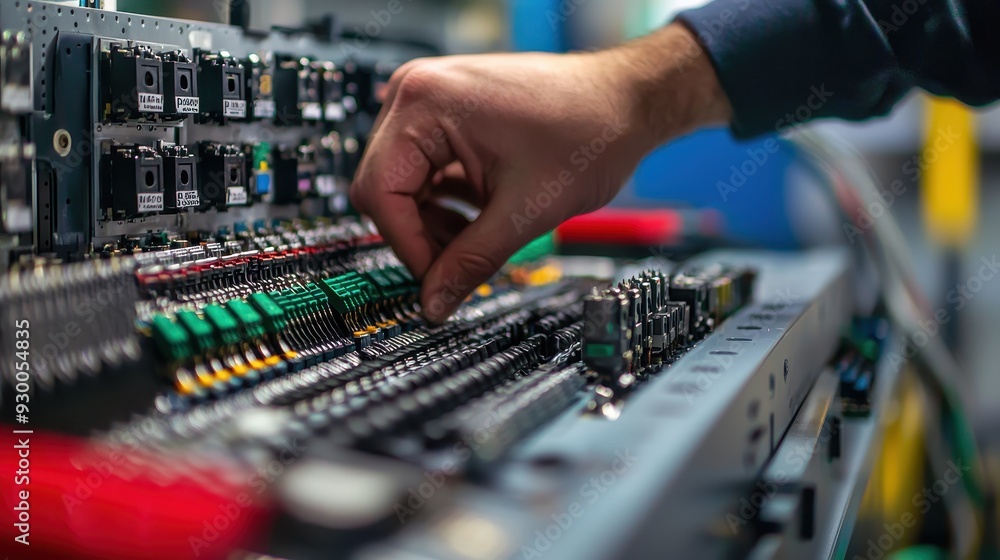 a worker organizing electrical components in a panel. a worker organizing electrical components in a panel.