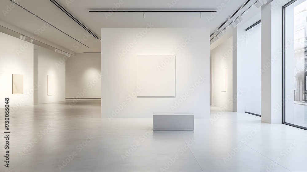 Obraz premium Contemporary art gallery with a stark white wall as the focal point, focused spotlighting highlighting a minimalist piece, clean and expansive space, serene and introspective mood