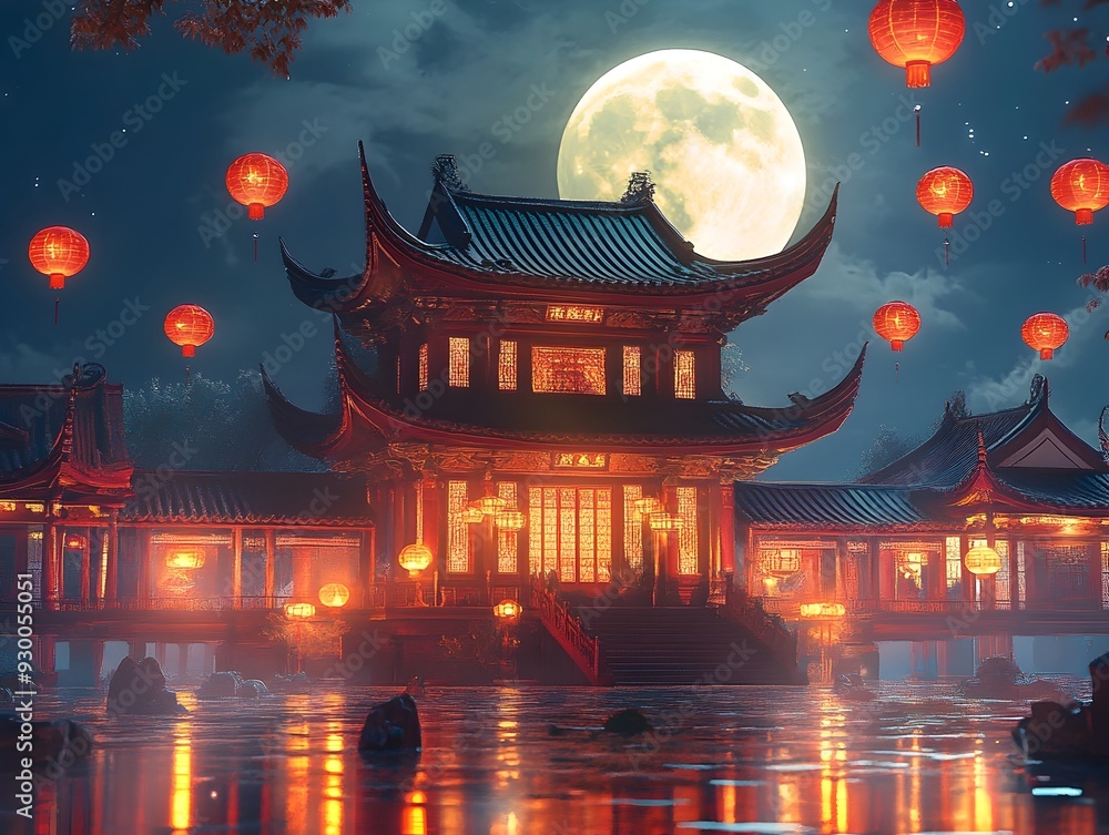 Obraz premium Exquisitely detailed 3D rendered image of a traditional Chinese temple glowing under the luminous full moon during the Mid Autumn Festival the architectural elegance cultural festivity