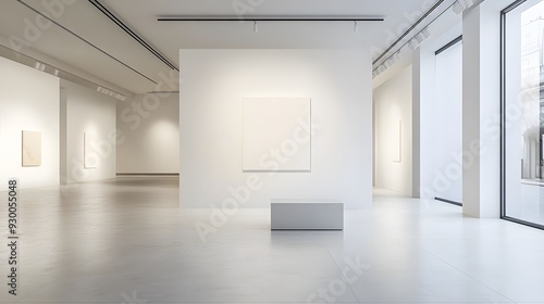 Contemporary art gallery with a stark white wall as the focal point, focused spotlighting highlighting a minimalist piece, clean and expansive space, serene and introspective mood