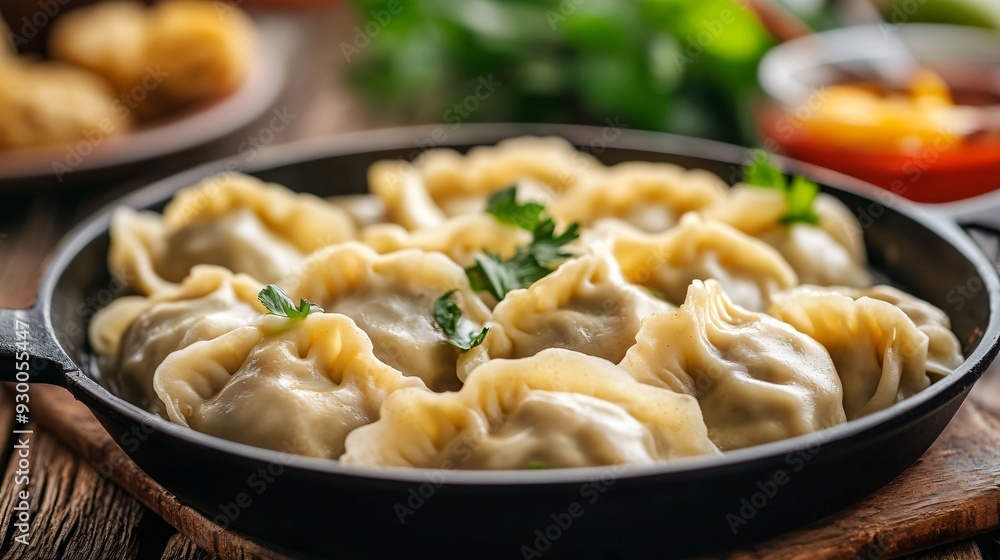Delicious Dumplings Varenyky on Serving Pan Table Delicious Dumplings Varenyky on Serving Pan Table