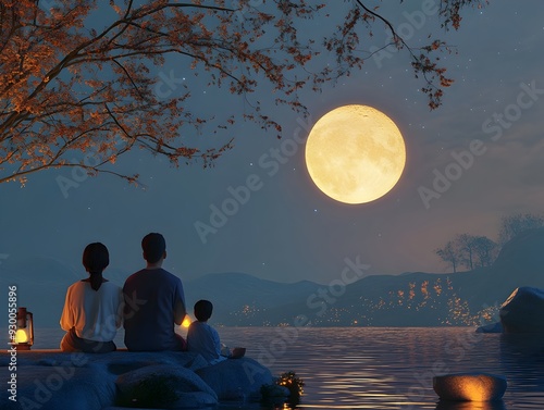 A 3D rendered image of a family gathered outdoors on a peaceful night watching and appreciating the beautiful moon during the Mid Autumn Festival The warm photo