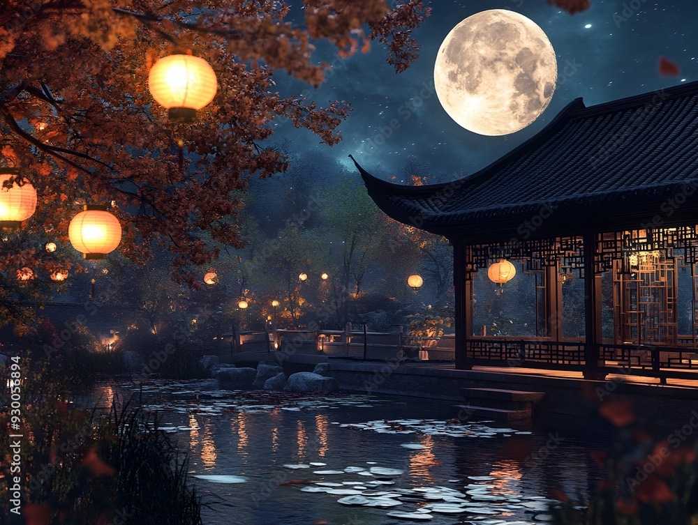 Obraz premium Enchanting Traditional Chinese Garden Scene with Lanterns and Full Moon Illuminating a Peaceful Autumn Night of Mid Autumn Festival