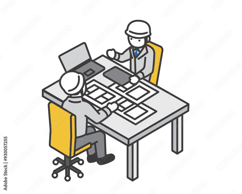 © ニワトコ - ミーティングをする設計士のアイソメベクターイラスト素材 © ニワトコ - ミーティングをする設計士のアイソメベクターイラスト素材