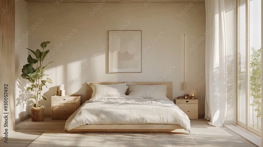 A minimalist Nordic-style bedroom with light wood accents and a neutral color palette. A minimalist Nordic-style bedroom with light wood accents and a neutral color palette.