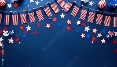 the image features american style bunting and pennant flag banners with red white and blue stripes along with star confetti scattered on a deep blue background photo