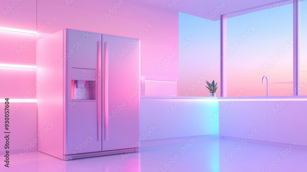 A refrigerator with a water dispenser is in a brightly lit kitchen A refrigerator with a water dispenser is in a brightly lit kitchen