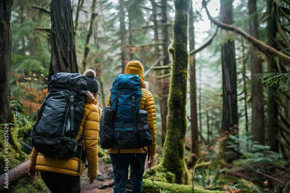 Two hikers with backpacks walking through a dense, moss-covered forest. They are dressed in warm clothing suitable for cold weather. Two hikers with backpacks walking through a dense, moss-covered forest. They are dressed in warm clothing suitable for cold weather.