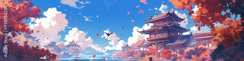 Enchanting Anime-Style Autumn Temple Landscape: Creative Abstract Design for Marketing. Japanese and Chinese Cultural Fusion with Ancient Scenery and Vibrant Maple Trees. Versatile Artwork for Greetin photo