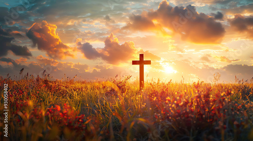 a wooden cross standing in a field of grass with a sunset in the background. photo