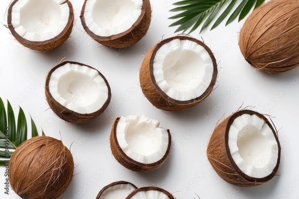 Coconut halves and whole coconut with palm leaf on white background Coconut halves and whole coconut with palm leaf on white background