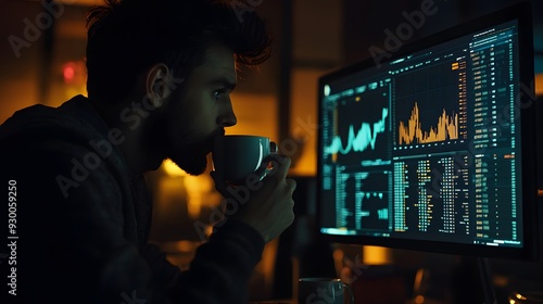 Individual holding a cup of coffee, staring at a computer screen filled with financial graphs and figures, dim room with a glowing monitor, tense and worried expression, introspective and serious photo