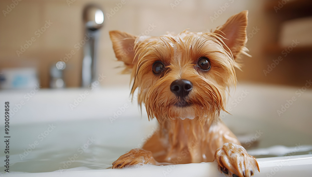 A cute dog enjoying a relaxing bath in a bright and clean bathroom. Perfect for pet lovers and animal-themed projects. A cute dog enjoying a relaxing bath in a bright and clean bathroom. Perfect for pet lovers and animal-themed projects.