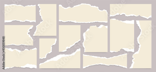 Set of realistic ripped white paper sheet with grunge texture, torn notebook page, newspaper clip art and scrap note for text message, banner or social media poster. Overlay sticky label background.
