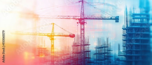 Construction site with cranes and building framework