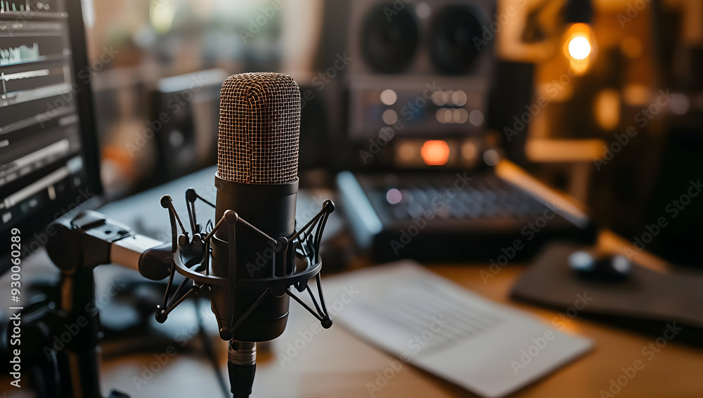 A high-quality microphone set in a modern recording studio with computer and audio equipment in the background. A high-quality microphone set in a modern recording studio with computer and audio equipment in the background.