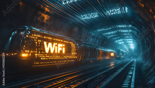 A futuristic train illuminated with WiFi signals travels through a neon-lit tunnel, symbolizing technology and connectivity.