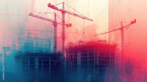 Construction site with cranes and building framework