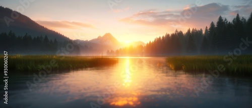  The sun sets over a body of water, backed by a mountain range, and foregrounded by trees