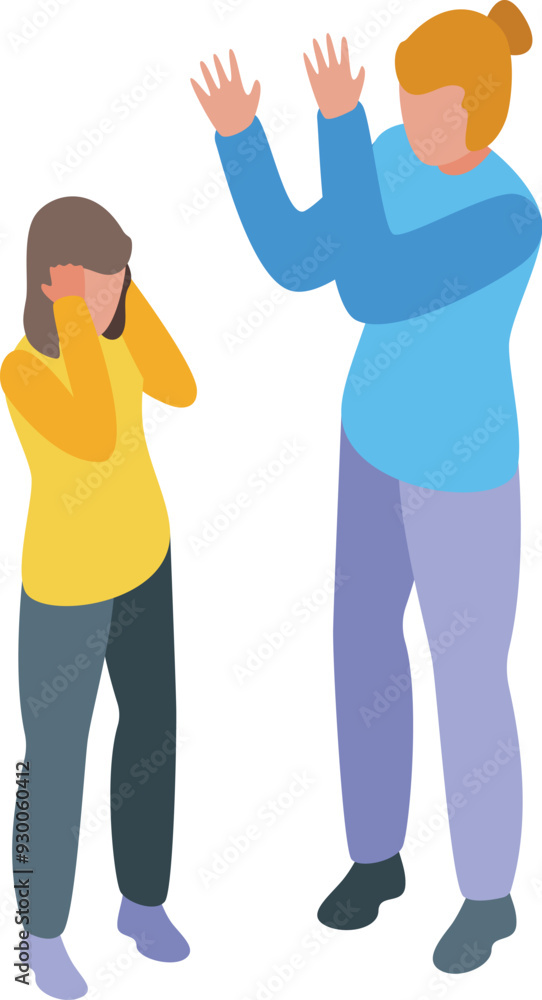 Fototapeta premium Mother scolding daughter covering ears isometric illustration