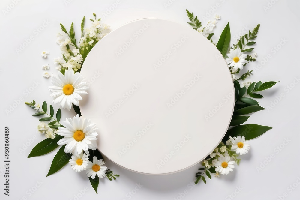 Fototapeta premium White Round Platform Surrounded by Daisies and Greenery