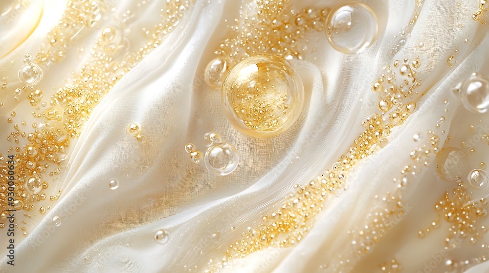 Abstract bubbles for dry cleaning service poster white and gold colors fabric weave of cotton or linen satin fabric lies texture background. Abstract bubbles for dry cleaning service poster white and gold colors fabric weave of cotton or linen satin fabric lies texture background.