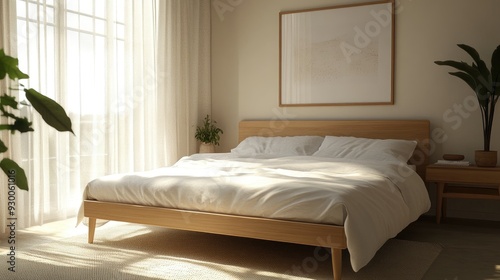 A Nordic-style bed with light wood and crisp white linens, set in a room with natural light.