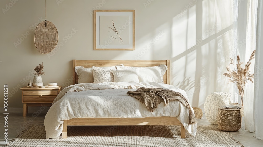 A Nordic-style bedroom with a focus on simplicity and functionality, featuring a light wood bed and neutral tones. A Nordic-style bedroom with a focus on simplicity and functionality, featuring a light wood bed and neutral tones.