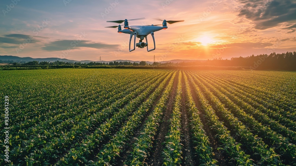 Drone flying over a lush agricultural field Drone flying over a lush agricultural field