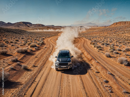 Photorealistic image of a pickup truck moving fast through the desert on a dirt road.