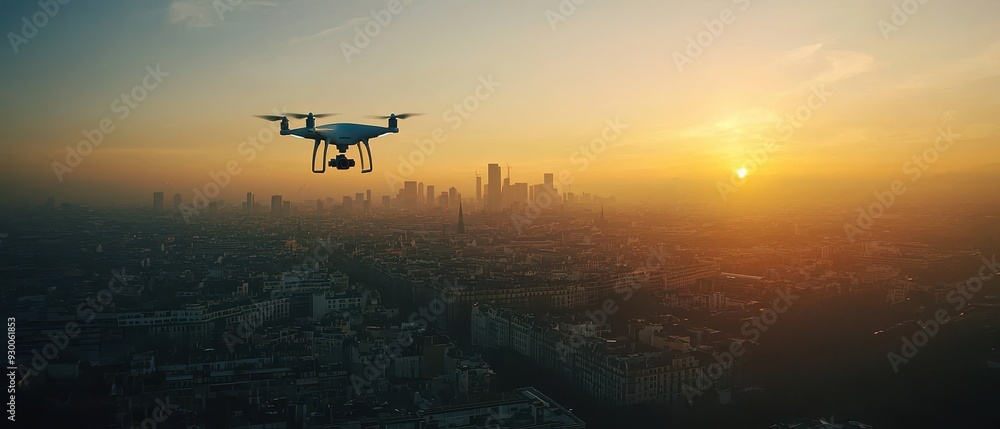 Drone flying over a cityscape during sunrise, Drone flying over a cityscape during sunrise,