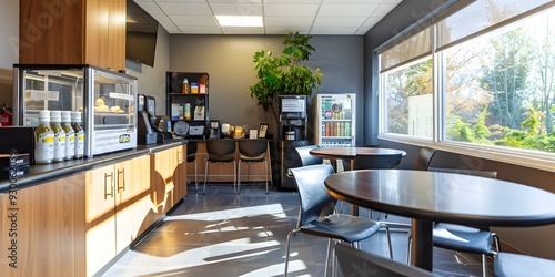 Modern Office Break Room with Coffee Machine, Snacks, and Comfortable Seating  A Cozy and Well-Organized Space for Employee Relaxation and Refreshments