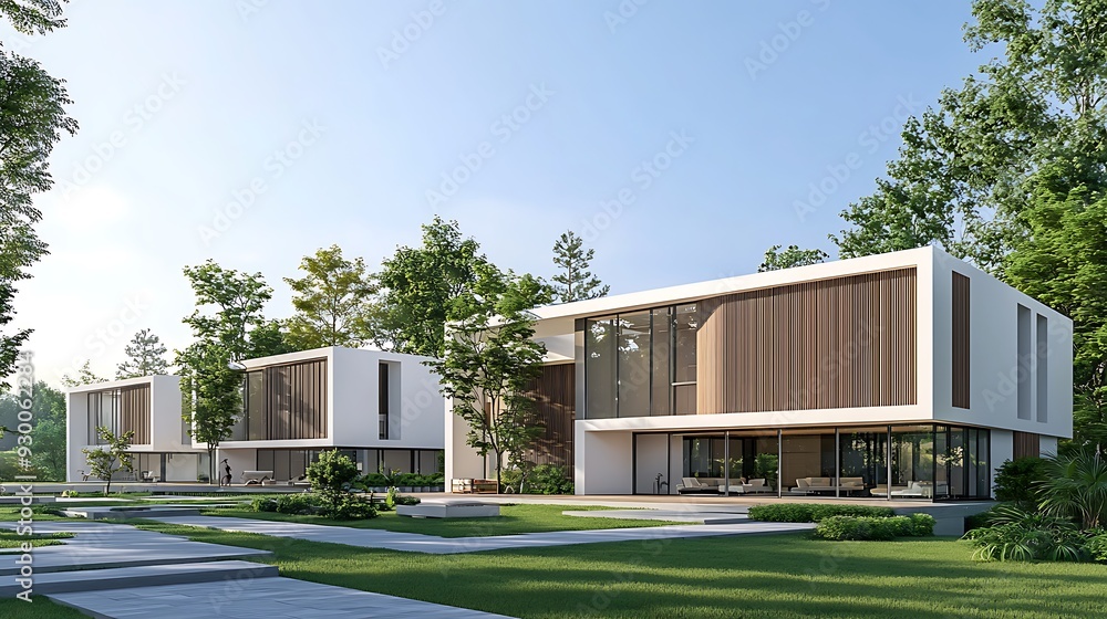 Exterior view of multiple modern house. Architecture 3d rendering of minimal modern house with natural landscape. Front of modern House background. Exterior view of multiple modern house. Architecture 3d rendering of minimal modern house with natural landscape. Front of modern House background.