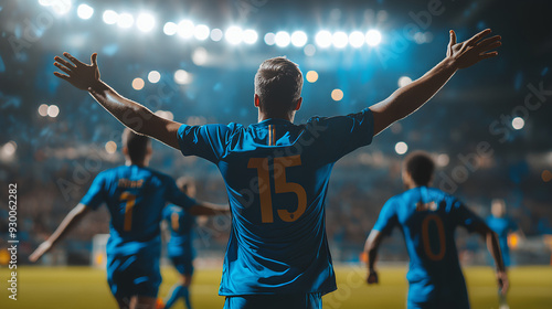 The Winning Moment: A soccer player celebrates a victorious moment, arms outstretched in a powerful gesture of triumph, bathed in the glow of stadium lights.  The image captures the essence of athleti
