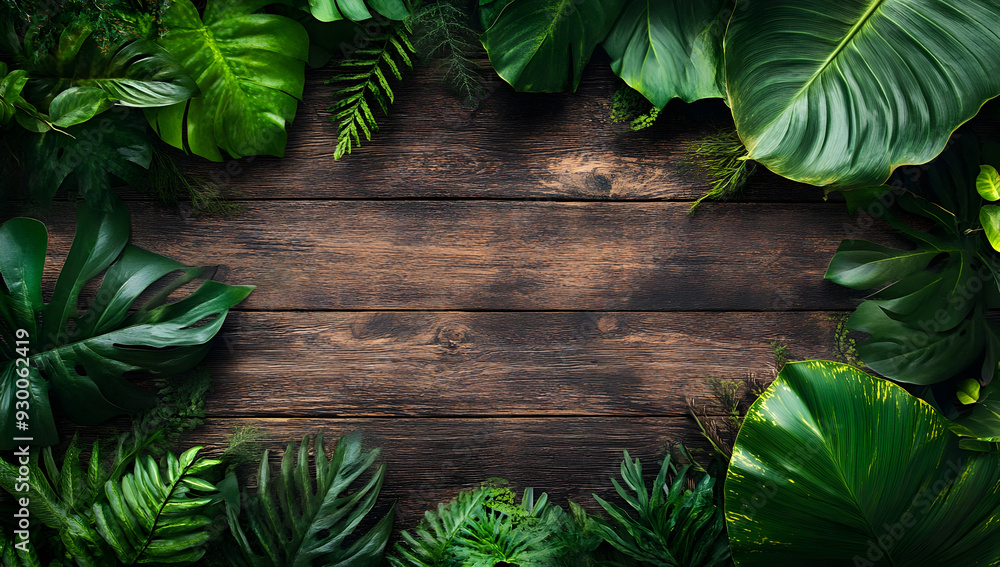 A vibrant arrangement of tropical leaves surrounding a rustic wooden background, perfect for nature-themed designs and presentations. A vibrant arrangement of tropical leaves surrounding a rustic wooden background, perfect for nature-themed designs and presentations.